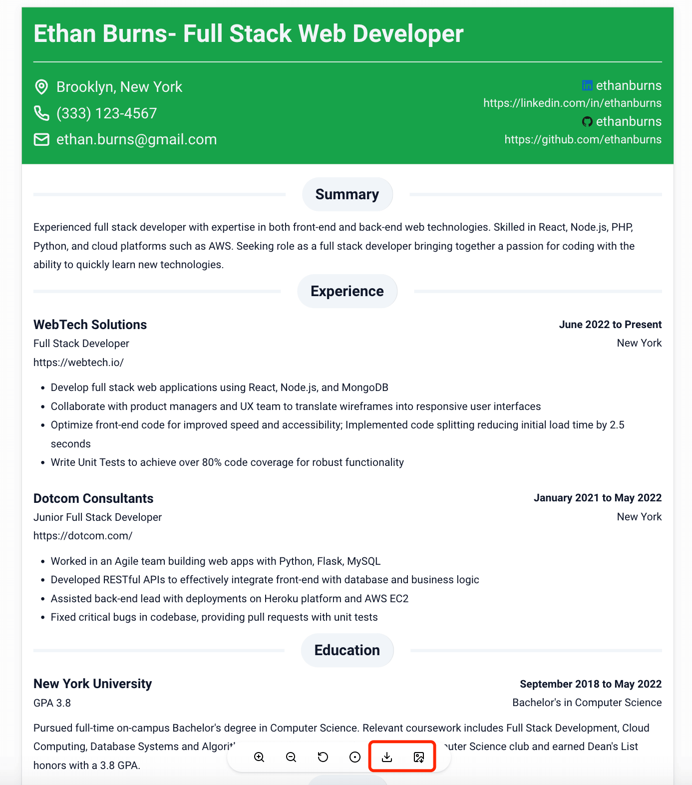 donwload or export resume