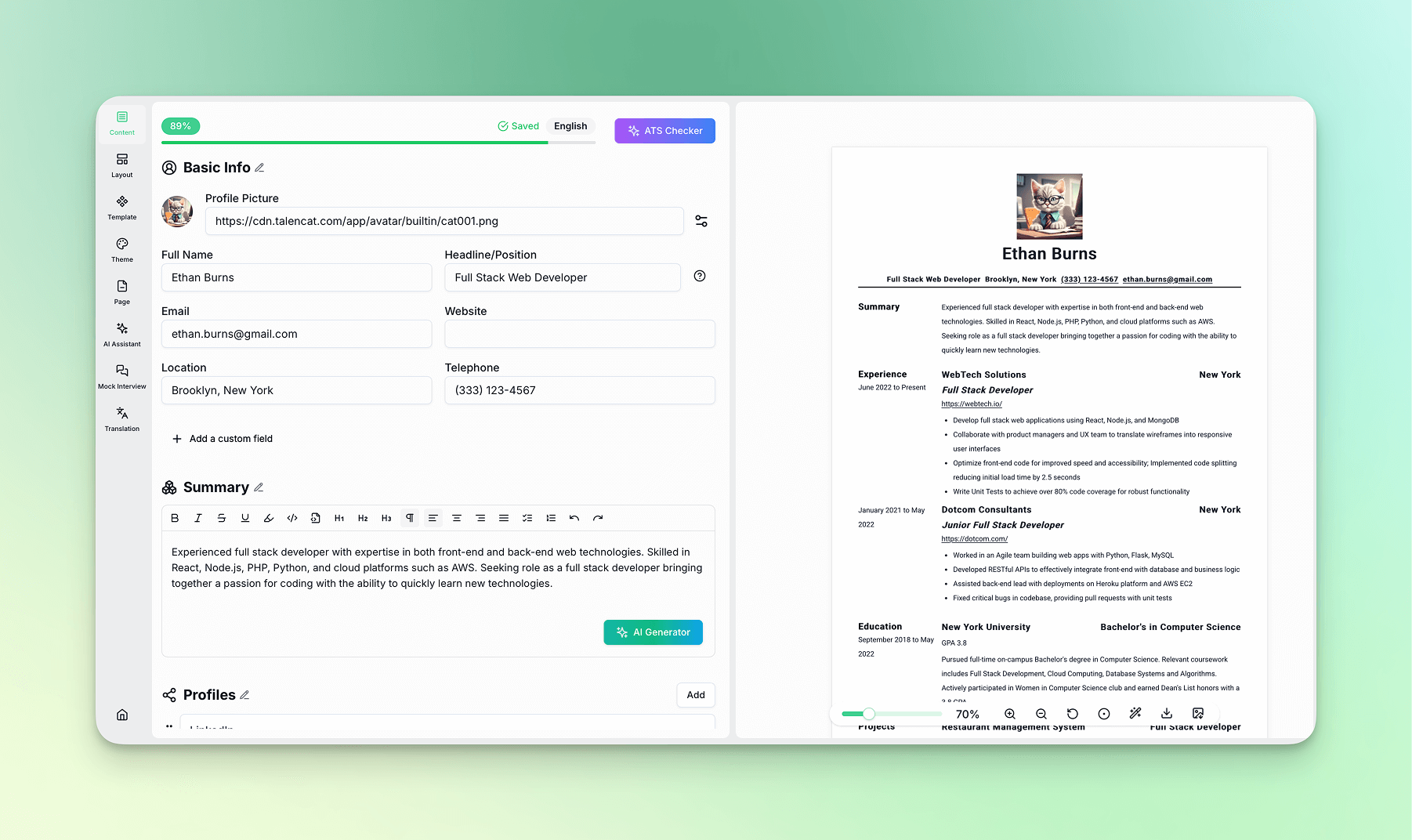 Create Resume with Example