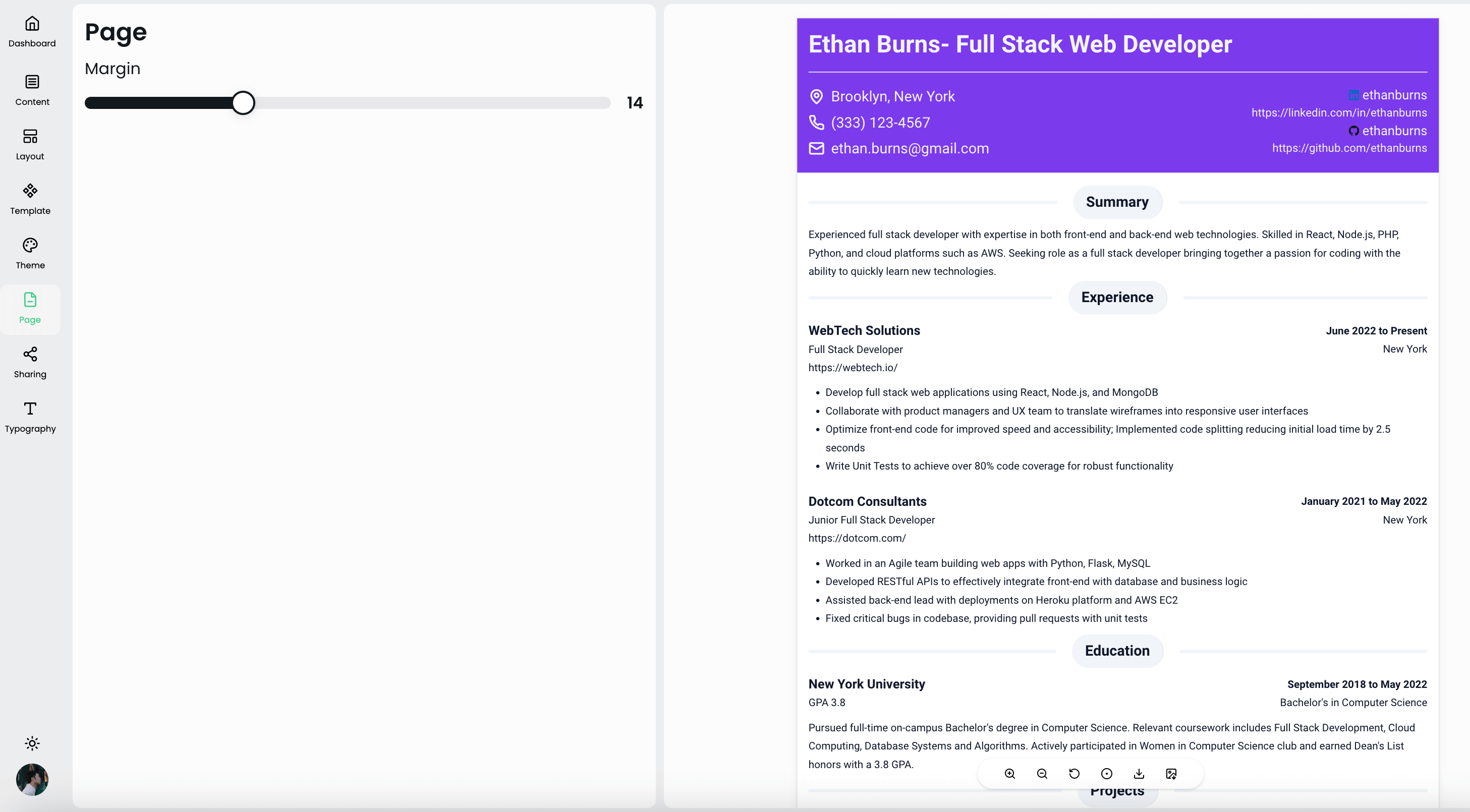 page setting of resume