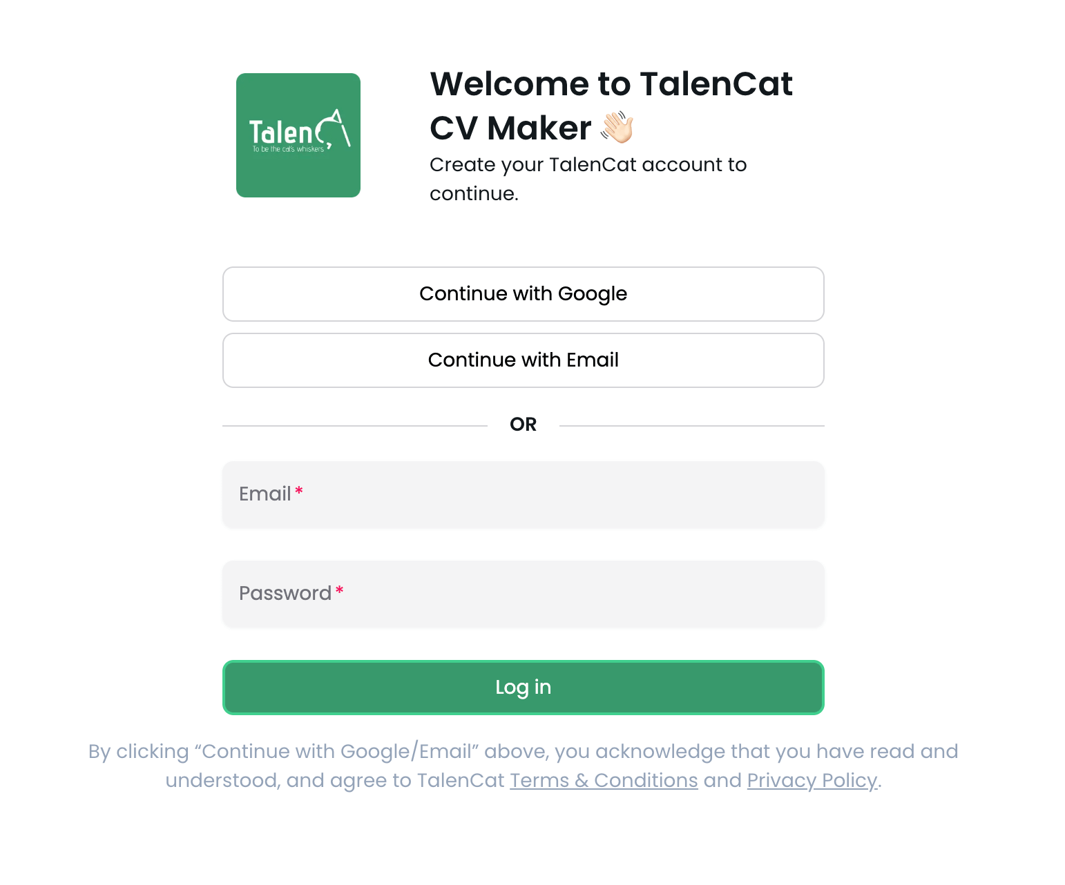 talencat sign up page