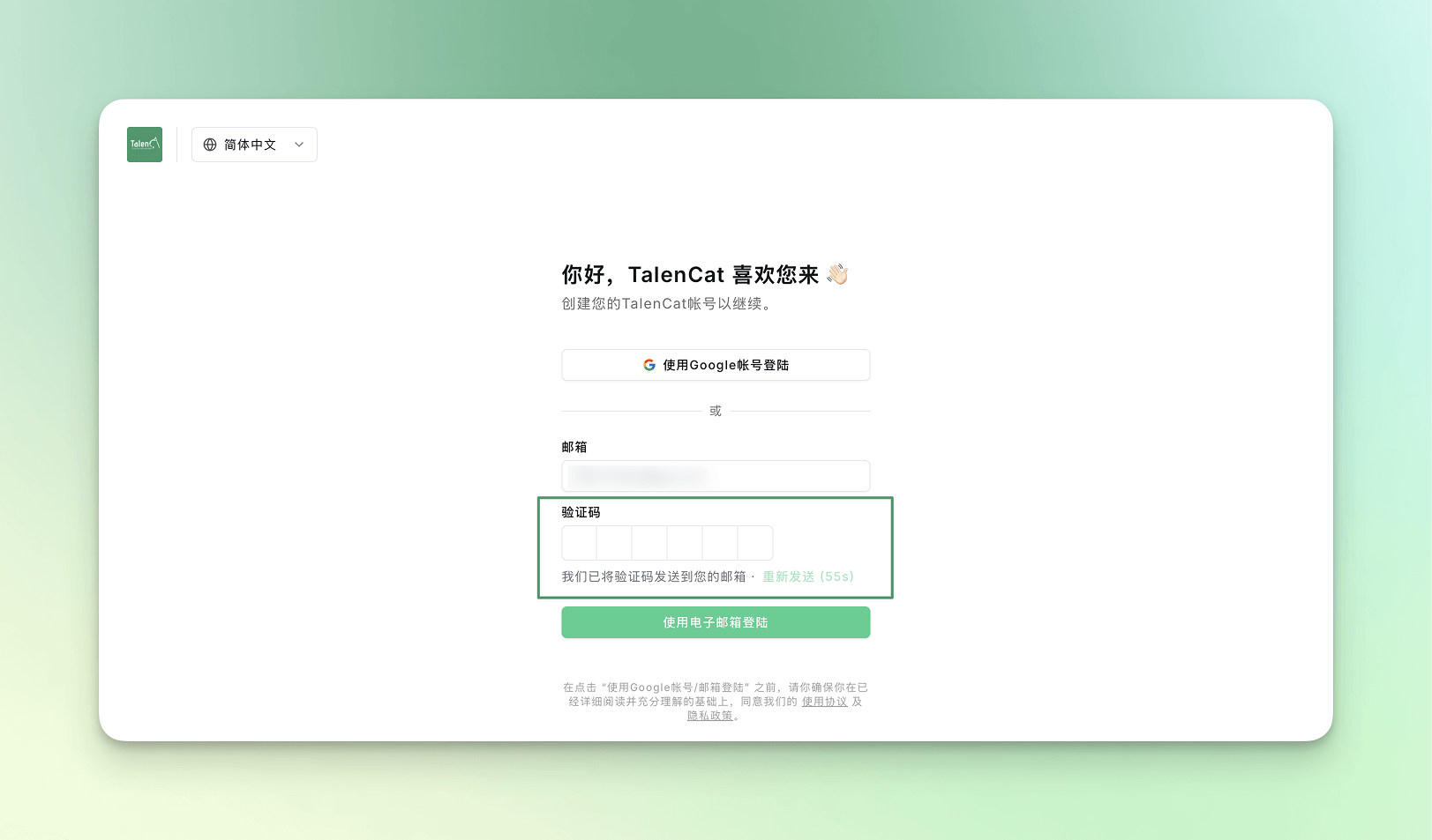 通过个人邮件注册填写验证码